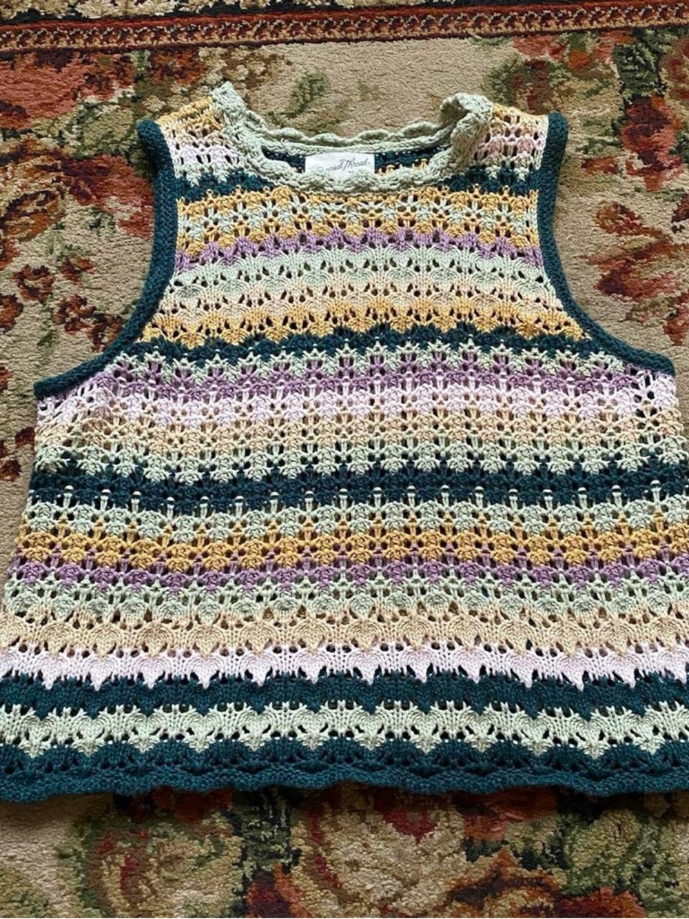 Universal Thread green/purple/tan stripe crochet vest